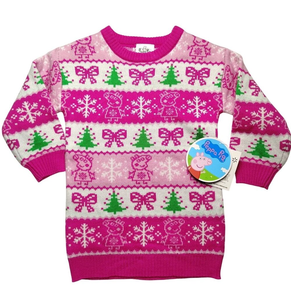 Peppa Pig Baby Girls Christmas Sweater Dress 12M Pink & White Festive Knit With